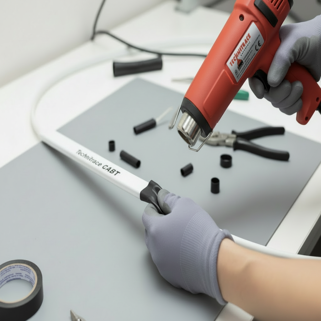 Bitter ersetze die Zange durch eine Heißluftpistole, sodass man sehen kann, dass Schrumpfschläuche auf das Kabel aufgebracht werden.